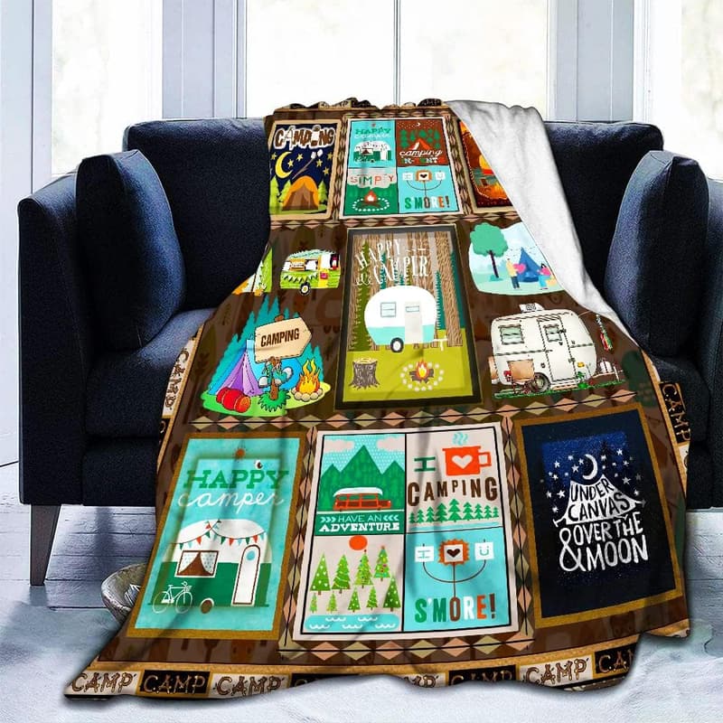 Happy Camper Retro Fleece Blanket - Lightweight & Warm