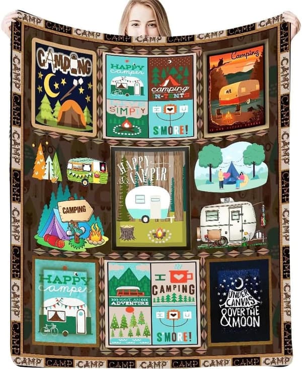 Happy Camper Retro Fleece Blanket - Lightweight & Warm