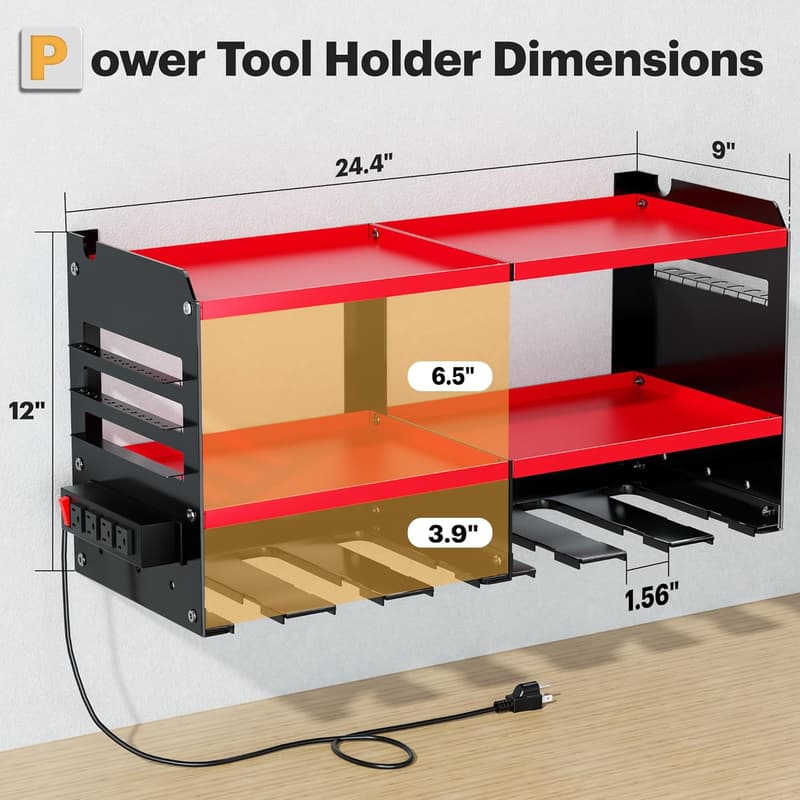 Heavy Duty Power Tool Organizer with Charging Station - Red