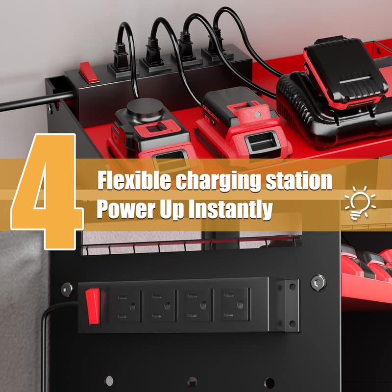 Heavy Duty Power Tool Organizer with Charging Station - Red