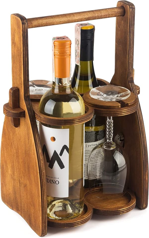 Men's Wood Wine Bottle and Glasses Caddy - Beer Carrier & Organizer