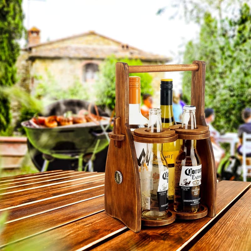 Men's Wood Wine Bottle and Glasses Caddy - Beer Carrier & Organizer
