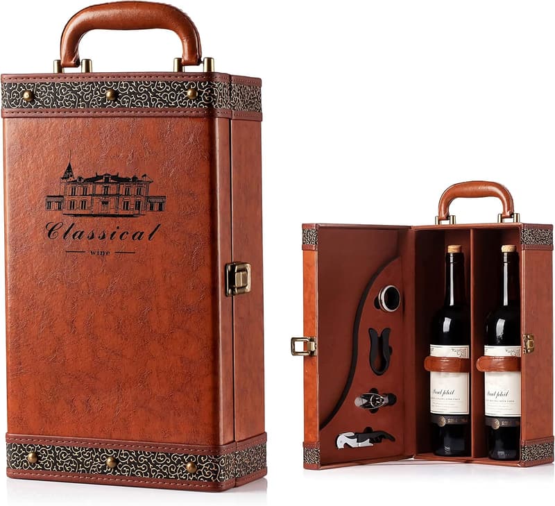 Portable Vintage Leather Wine Gift Box with Accessories