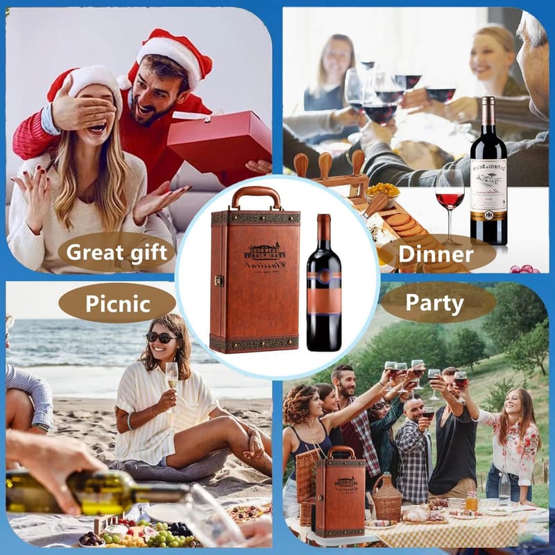 Portable Vintage Leather Wine Gift Box with Accessories