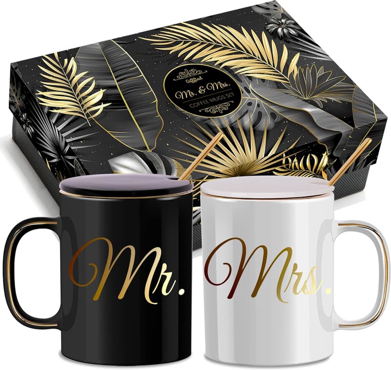 Couples Wedding Anniversary Mr & Mrs Mugs Set with Teaspoons