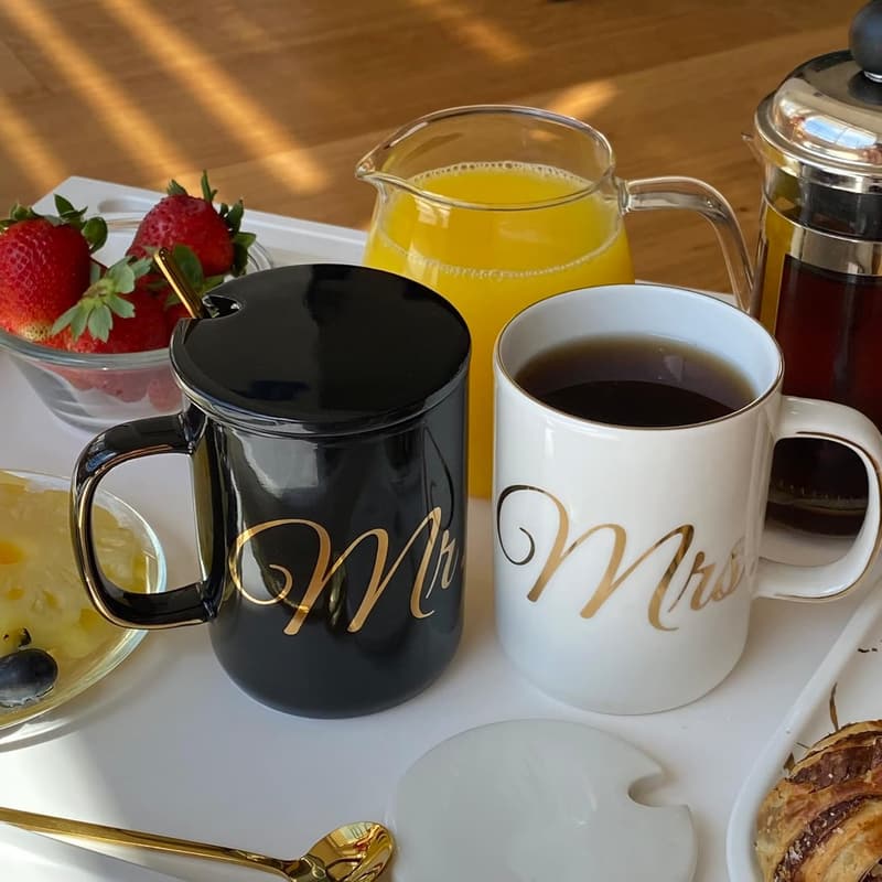 Couples Wedding Anniversary Mr & Mrs Mugs Set with Teaspoons