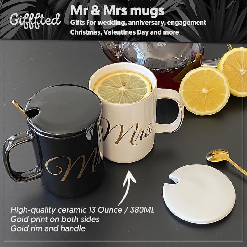 Couples Wedding Anniversary Mr & Mrs Mugs Set with Teaspoons