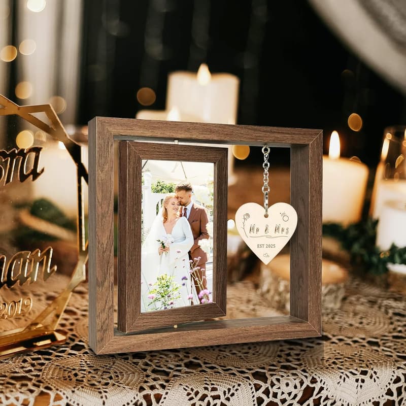Engagement Wedding Mr & Mrs EST 2025 Rotating Picture Frame