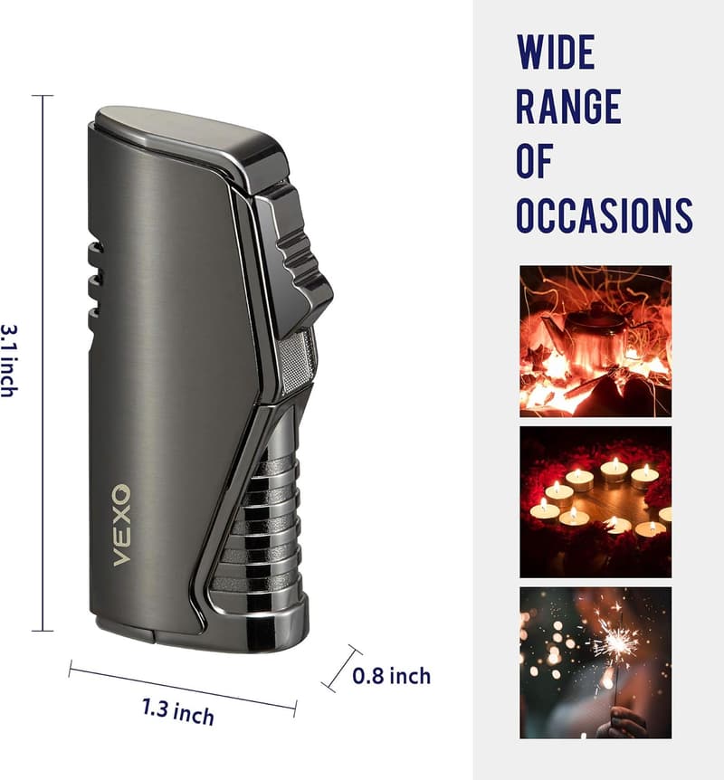 Refillable Triple Jet Flame Lighter with Gas Window - Black