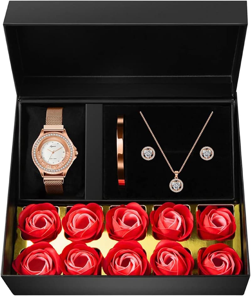Rose Gold Jewelry Set for Women: Watch, Necklace, Earrings & Bracelet