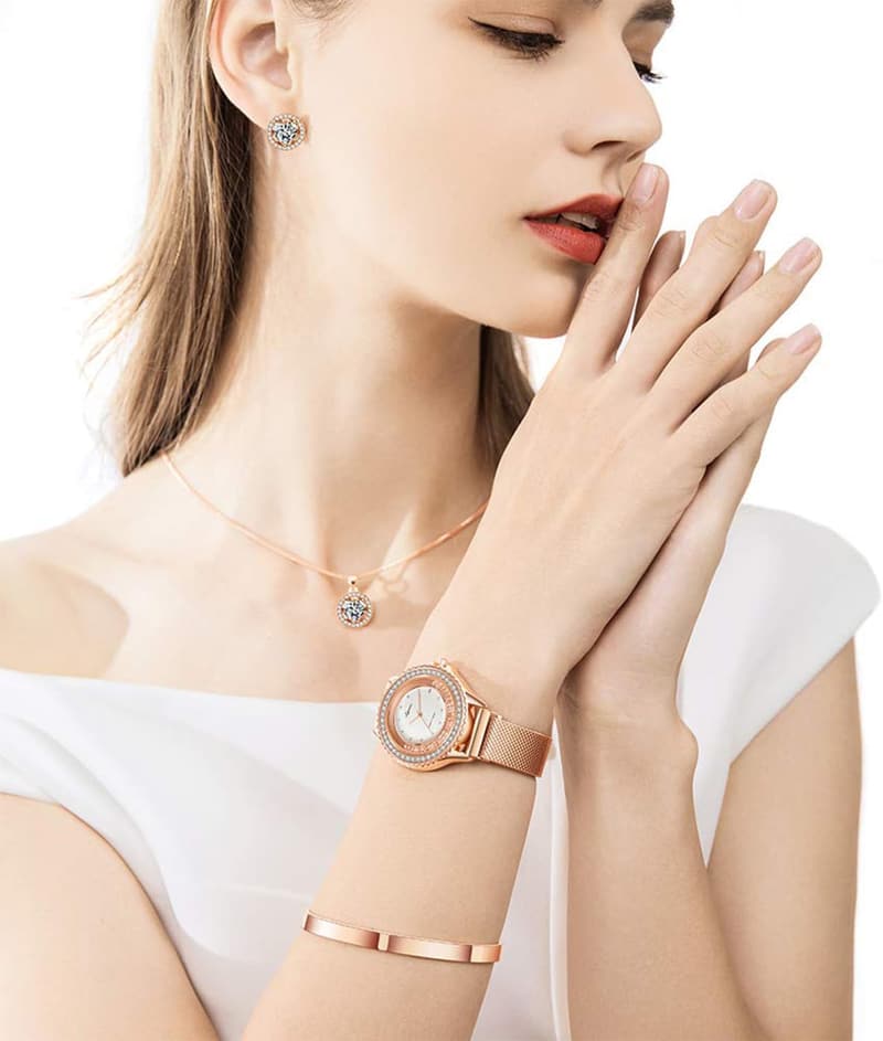 Rose Gold Jewelry Set for Women: Watch, Necklace, Earrings & Bracelet