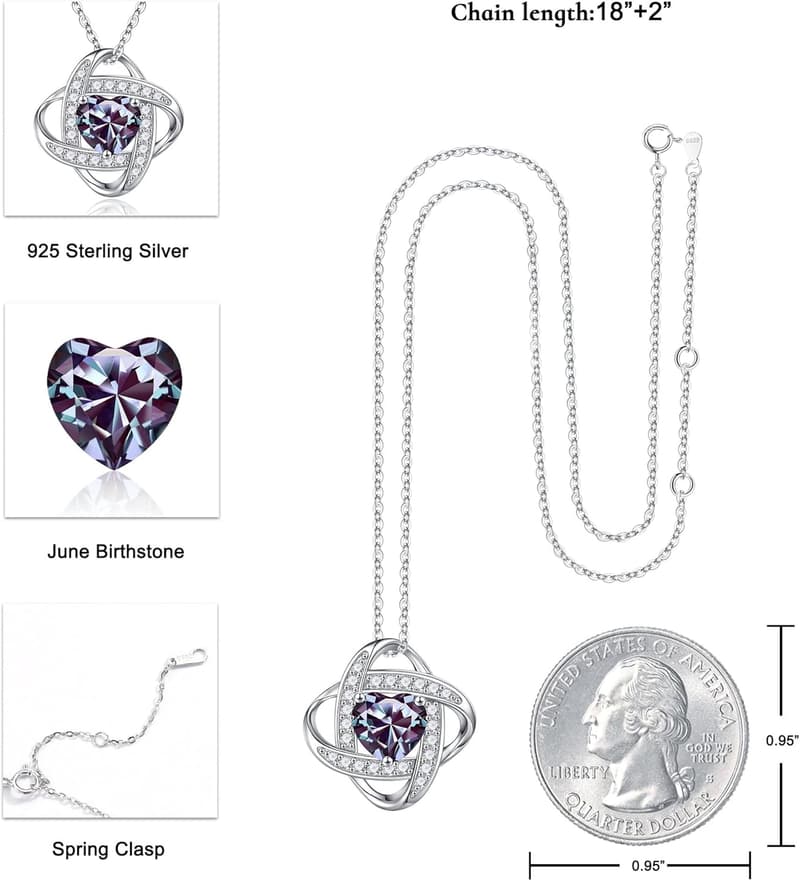 925 Sterling Silver Love Knot Birthstone Necklace for Women
