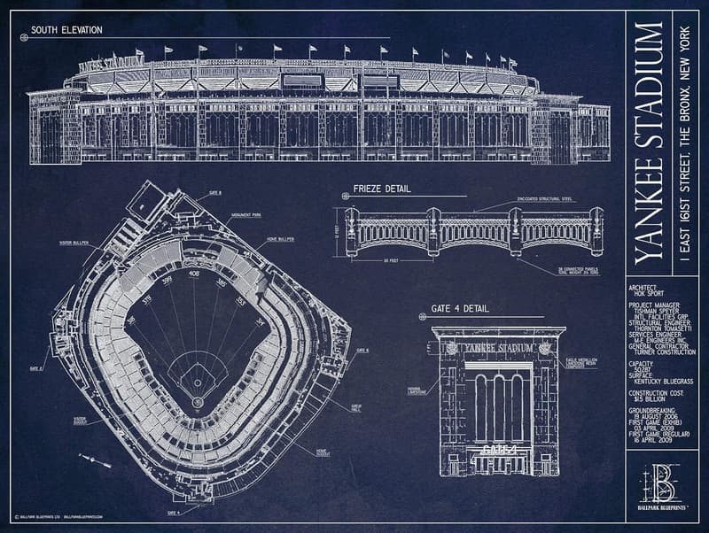 Yankee Stadium Ballpark Blueprint Art Print