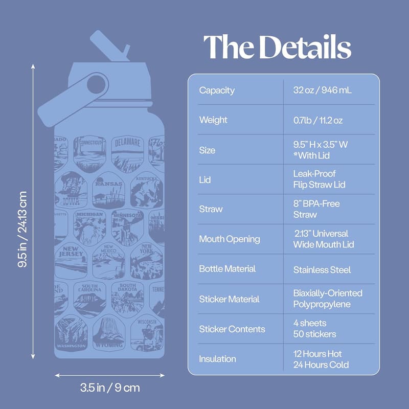 Insulated 32 oz Travel Water Bottle with Stickers - Cream