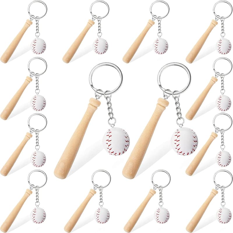 Sports Theme Party Baseball Keychain Set with Wooden Bats