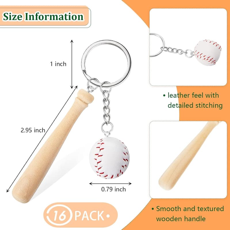 Sports Theme Party Baseball Keychain Set with Wooden Bats