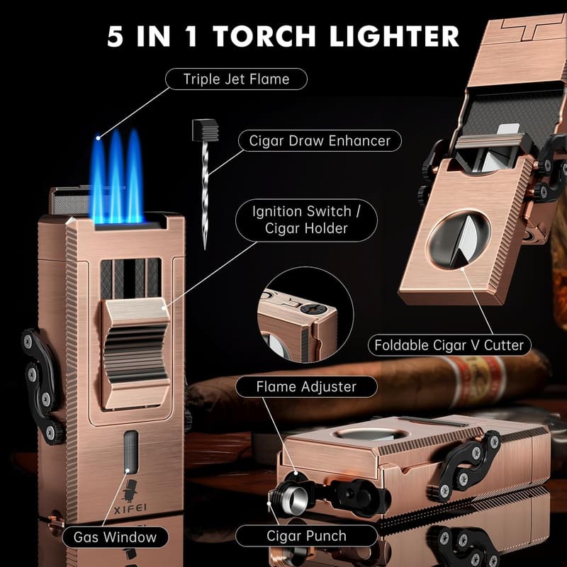 5-in-1 Cigar Lighter Set with Triple Jet Flame - Gift Boxed