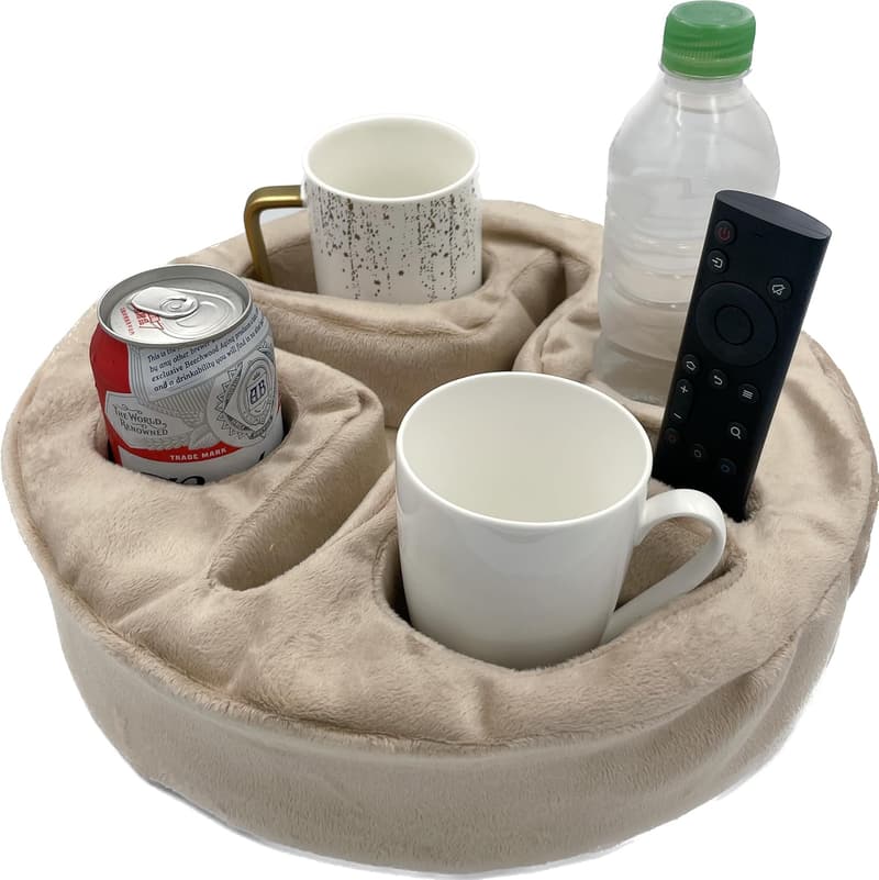 Sofa Organizer Caddy Pillow for Drinks & Snacks (Beige)