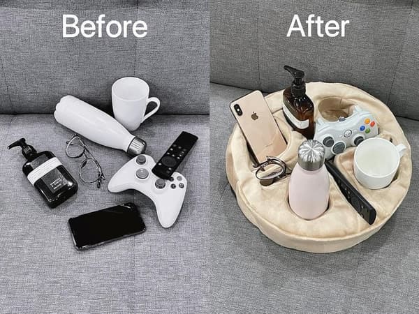 Sofa Organizer Caddy Pillow for Drinks & Snacks (Beige)