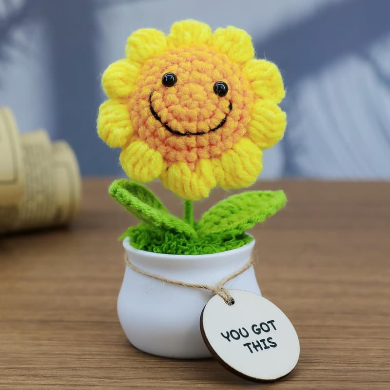 Handmade Gold Sunflower Crochet Flower with Positive Affirmation