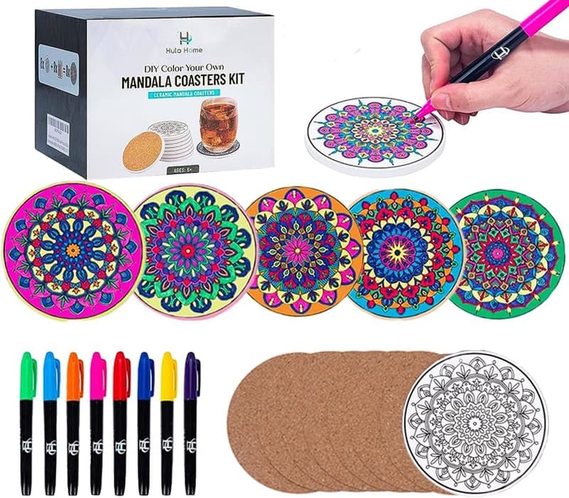 DIY Mandala Coaster Kit with Markers – 8 Ceramic Tiles