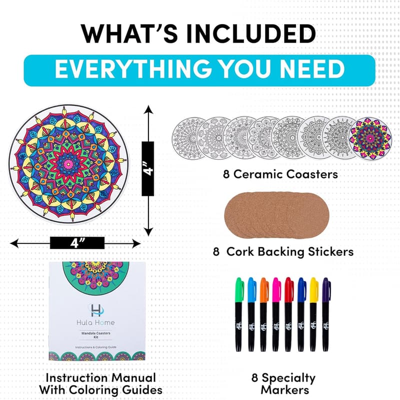 DIY Mandala Coaster Kit with Markers – 8 Ceramic Tiles