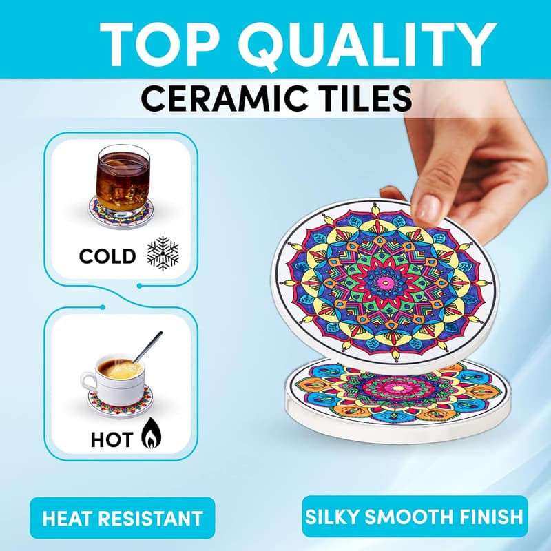 DIY Mandala Coaster Kit with Markers – 8 Ceramic Tiles