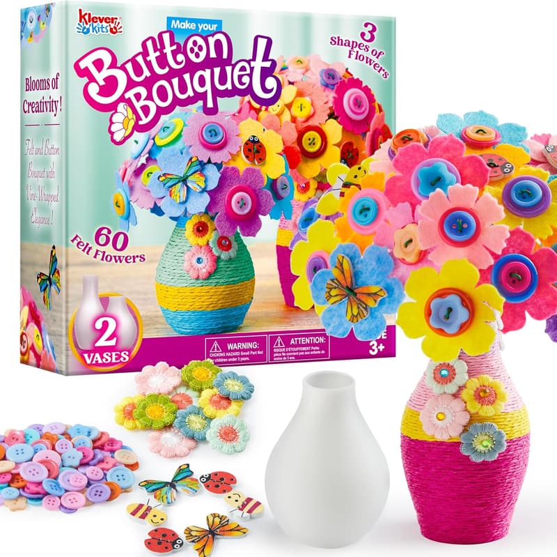 DIY Button Flower Craft Kit with 2 Vases - Birthday Gift