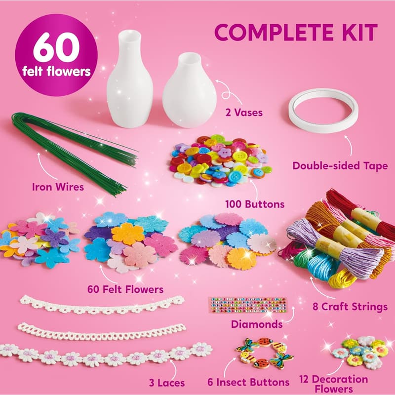 DIY Button Flower Craft Kit with 2 Vases - Birthday Gift