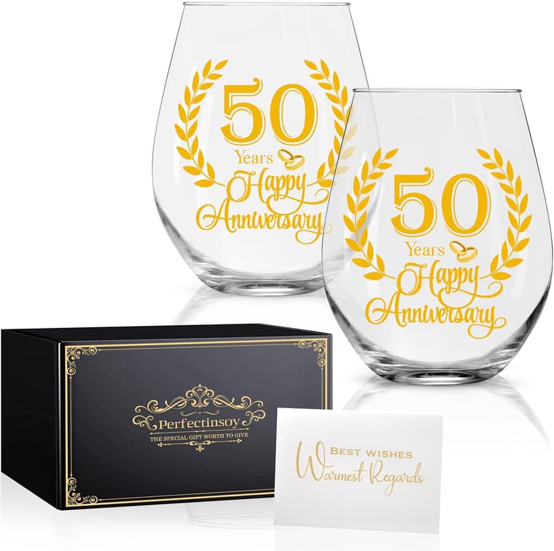 50th Anniversary Wine Glass Set - Unique Gift for Couples