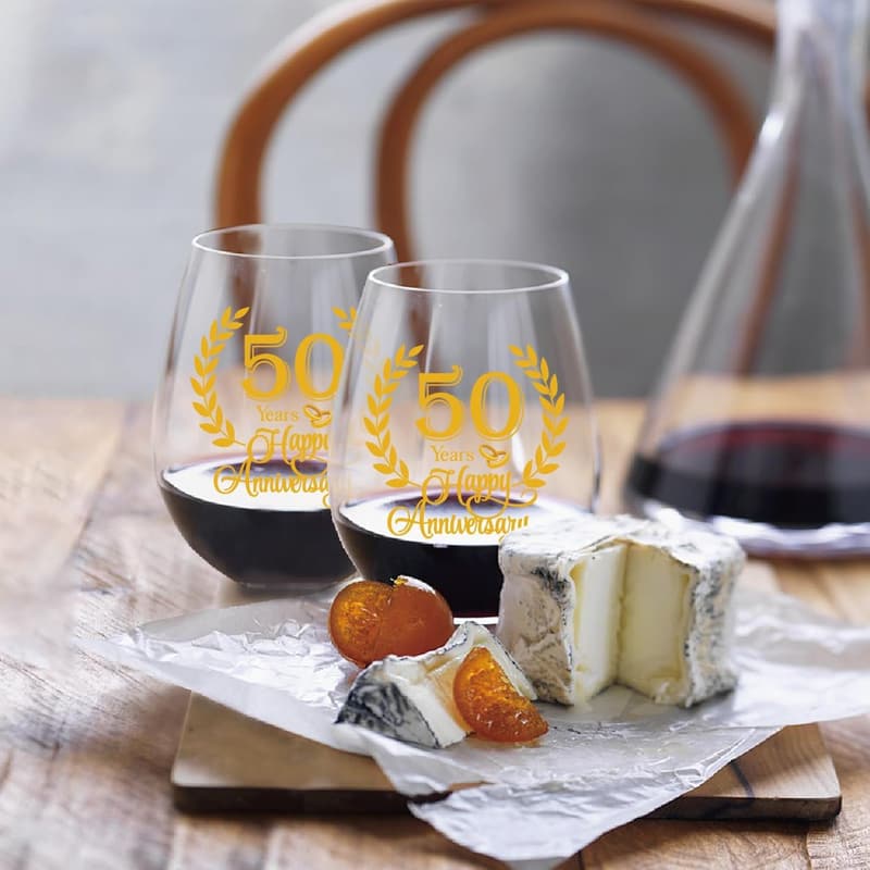 50th Anniversary Wine Glass Set - Unique Gift for Couples