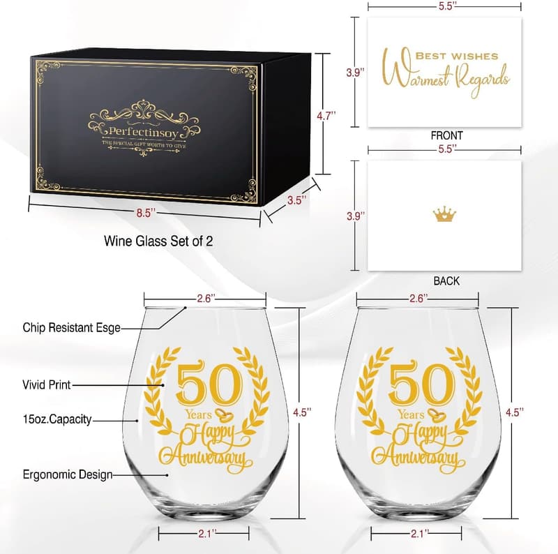 50th Anniversary Wine Glass Set - Unique Gift for Couples
