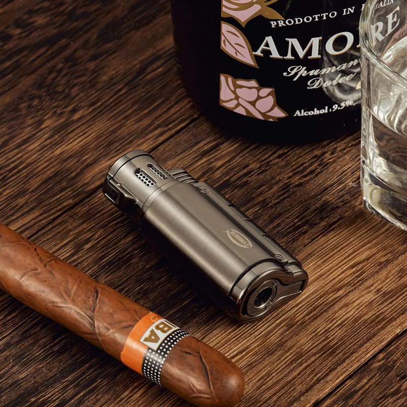 Triple Jet Flame Windproof Lighter with Cigar Punch - Gray