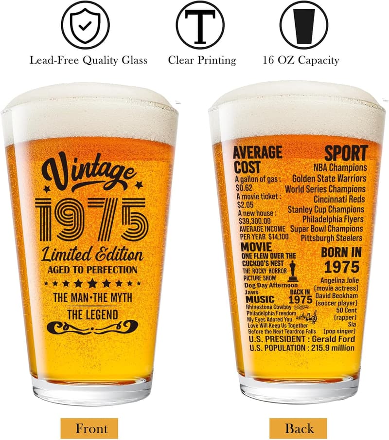 50th Birthday Vintage Beer Glass for Men
