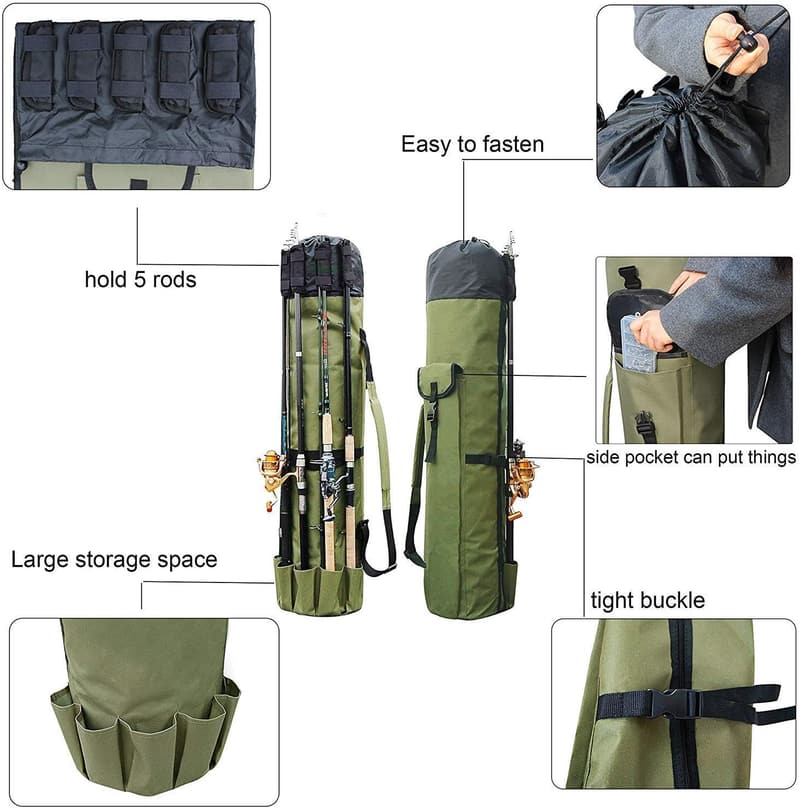 Fishing Rod & Reel Organizer Bag - Holds 5 Poles & Tackle