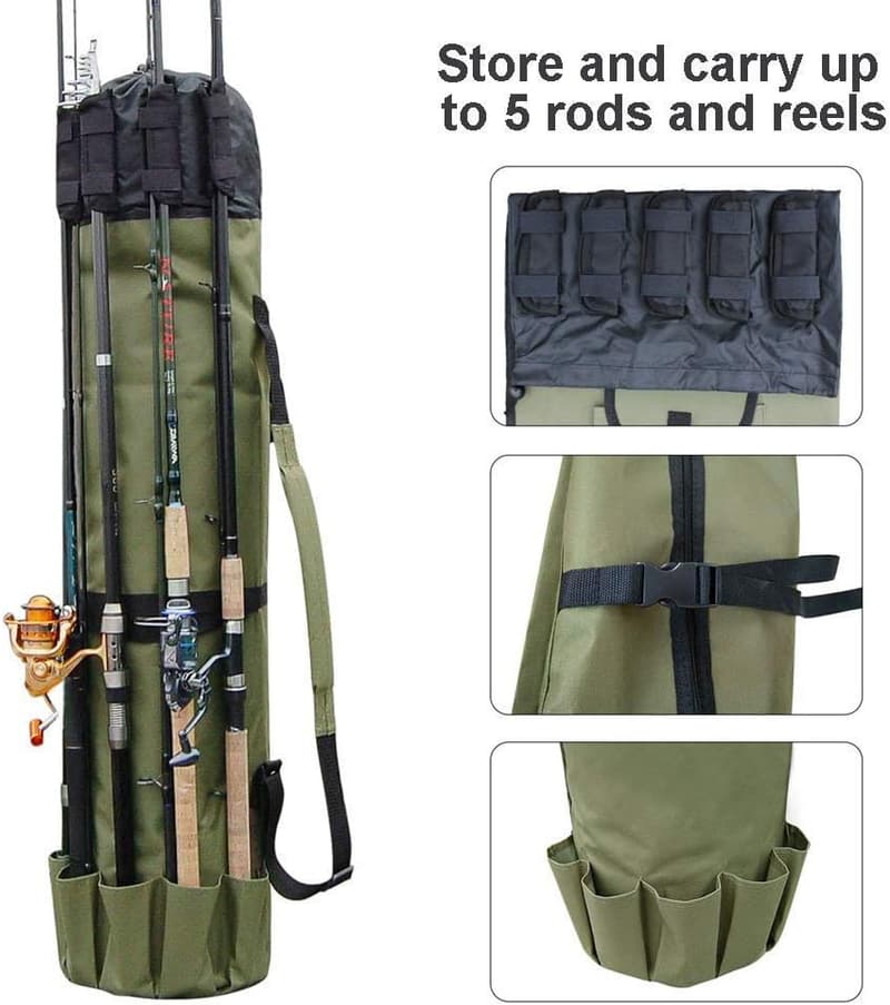 Fishing Rod & Reel Organizer Bag - Holds 5 Poles & Tackle