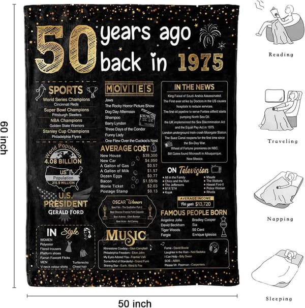 50th Birthday Blanket - 60x50 Inch - Gold for Him & Her