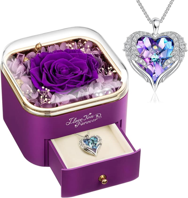 Preserved Purple Rose Necklace with Angel Wings for Mom