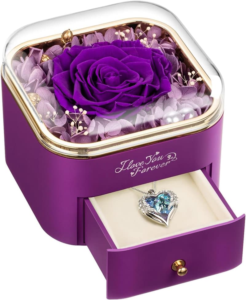 Preserved Purple Rose Necklace with Angel Wings for Mom