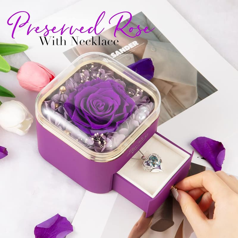 Preserved Purple Rose Necklace with Angel Wings for Mom
