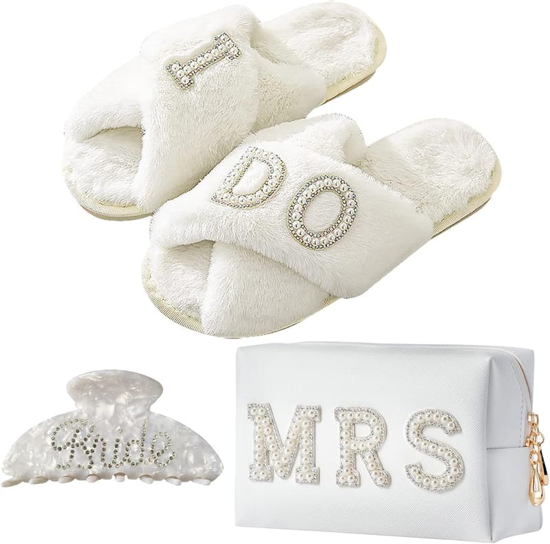 Bride-To-Be Gift Set - Makeup Bag, Slippers, Robe, Hair Clip