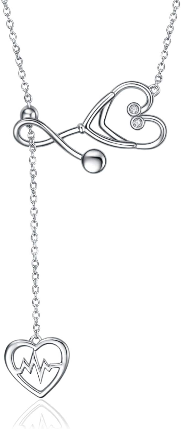 Angel Nursing Themed Stethoscope Pendant Necklace in Sterling Silver