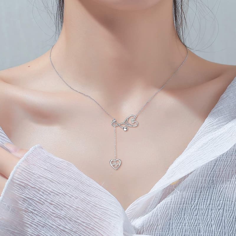 Angel Nursing Themed Stethoscope Pendant Necklace in Sterling Silver