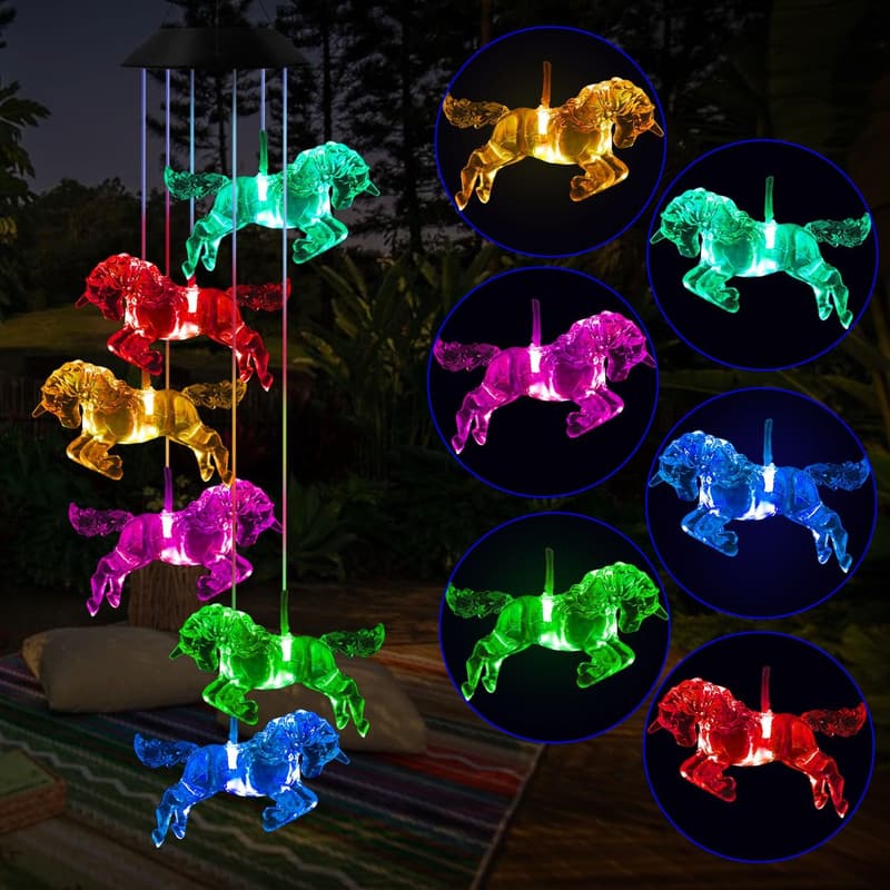 Color Changing Solar Horse Wind Chimes - Outdoor Garden Decor