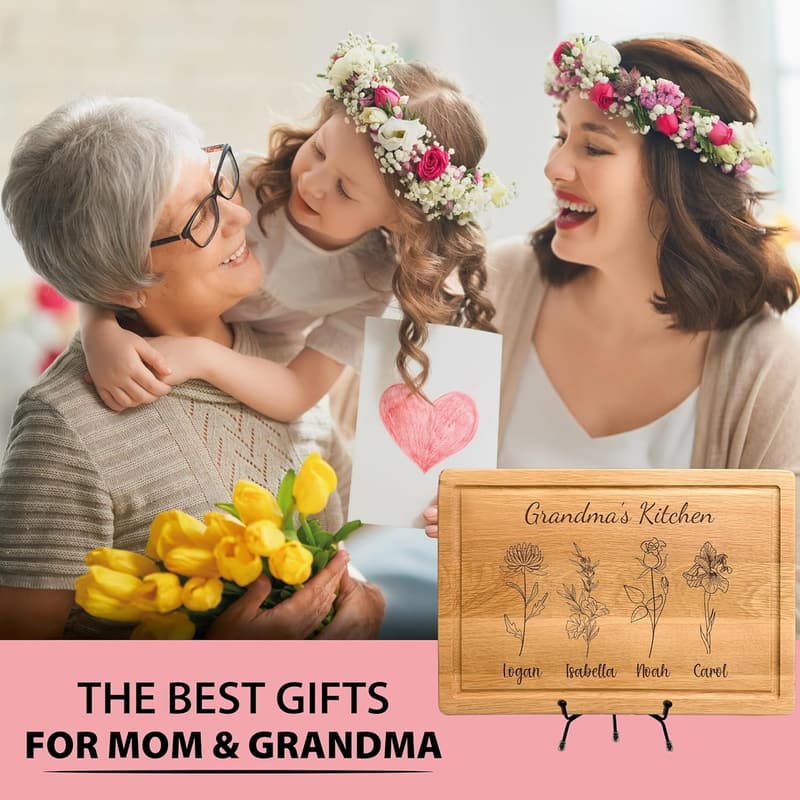 Personalized Birth Flower Cutting Board for Mom and Grandma