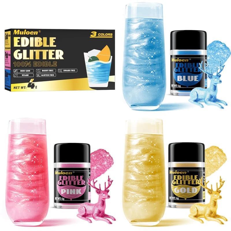 Edible Glitter Set for Cake and Drink Decoration, 3 Colors
