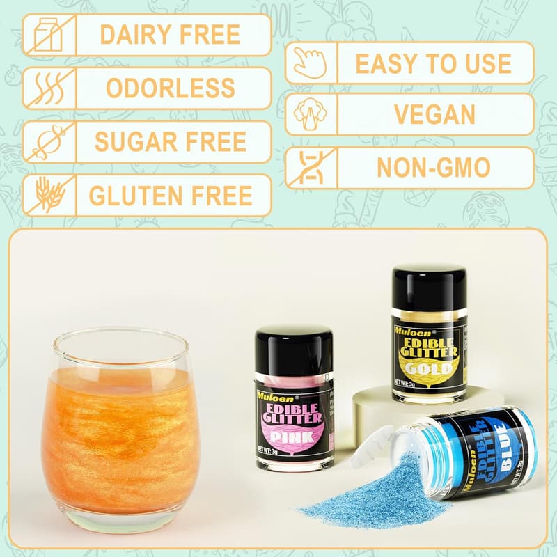Edible Glitter Set for Cake and Drink Decoration, 3 Colors