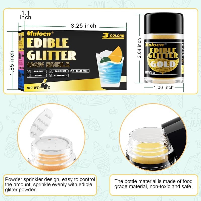Edible Glitter Set for Cake and Drink Decoration, 3 Colors