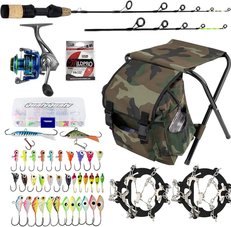 Complete Ice Fishing Gear Set with Rod, Reel, Backpack, and Jigs