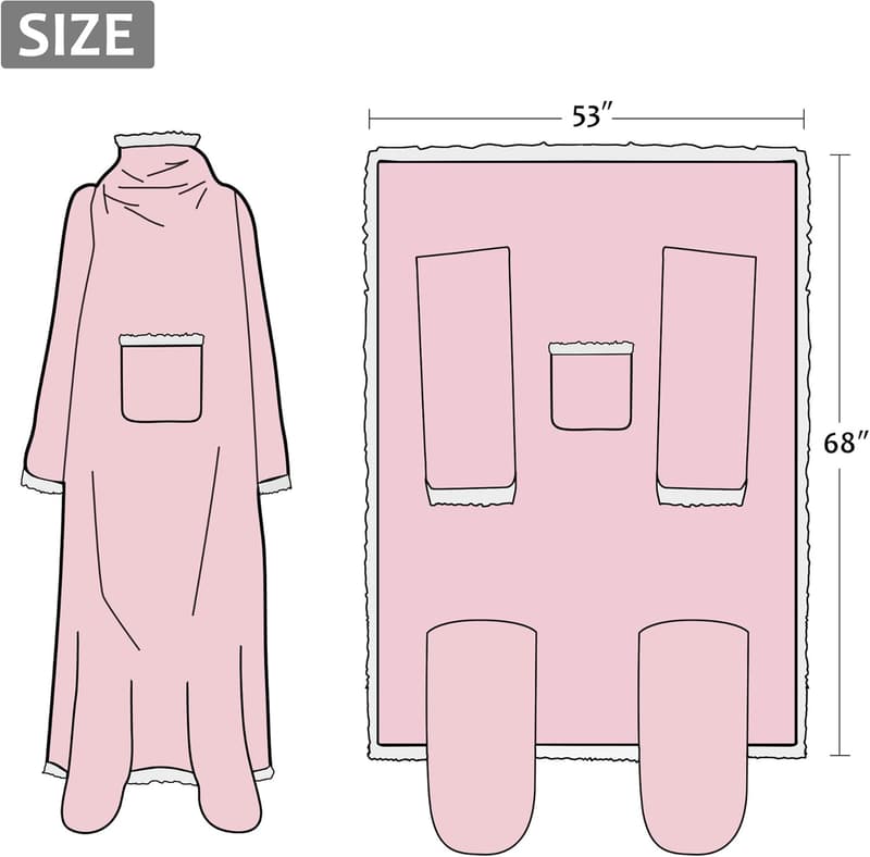 Cozy Wearable Sherpa Blanket with Sleeves & Foot Pockets - Pink